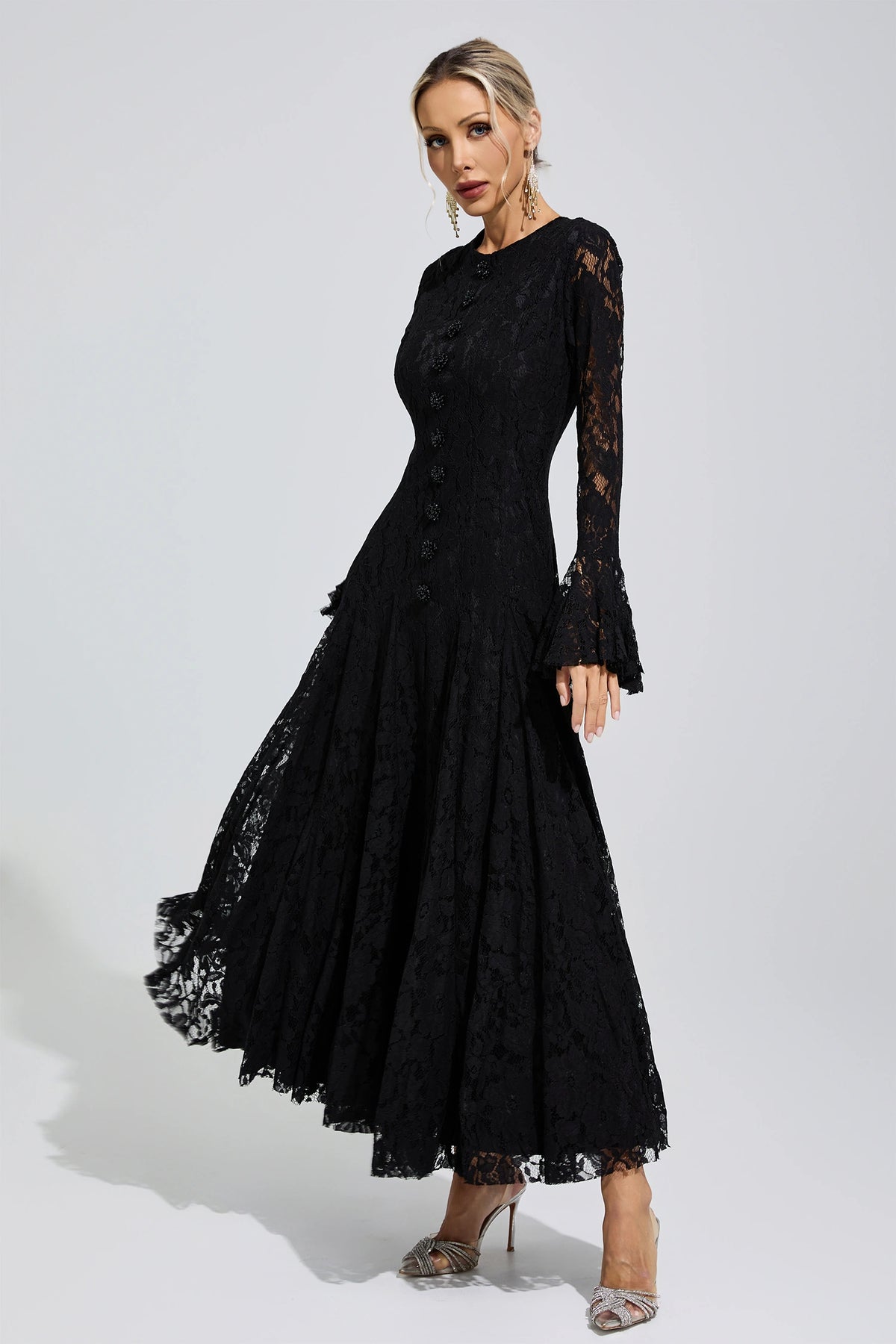Arqelis Black Bell Sleeve Lace Maxi Dress
