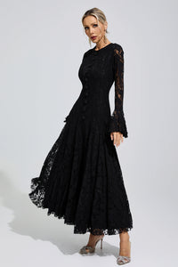 Arqelis Black Bell Sleeve Lace Maxi Dress
