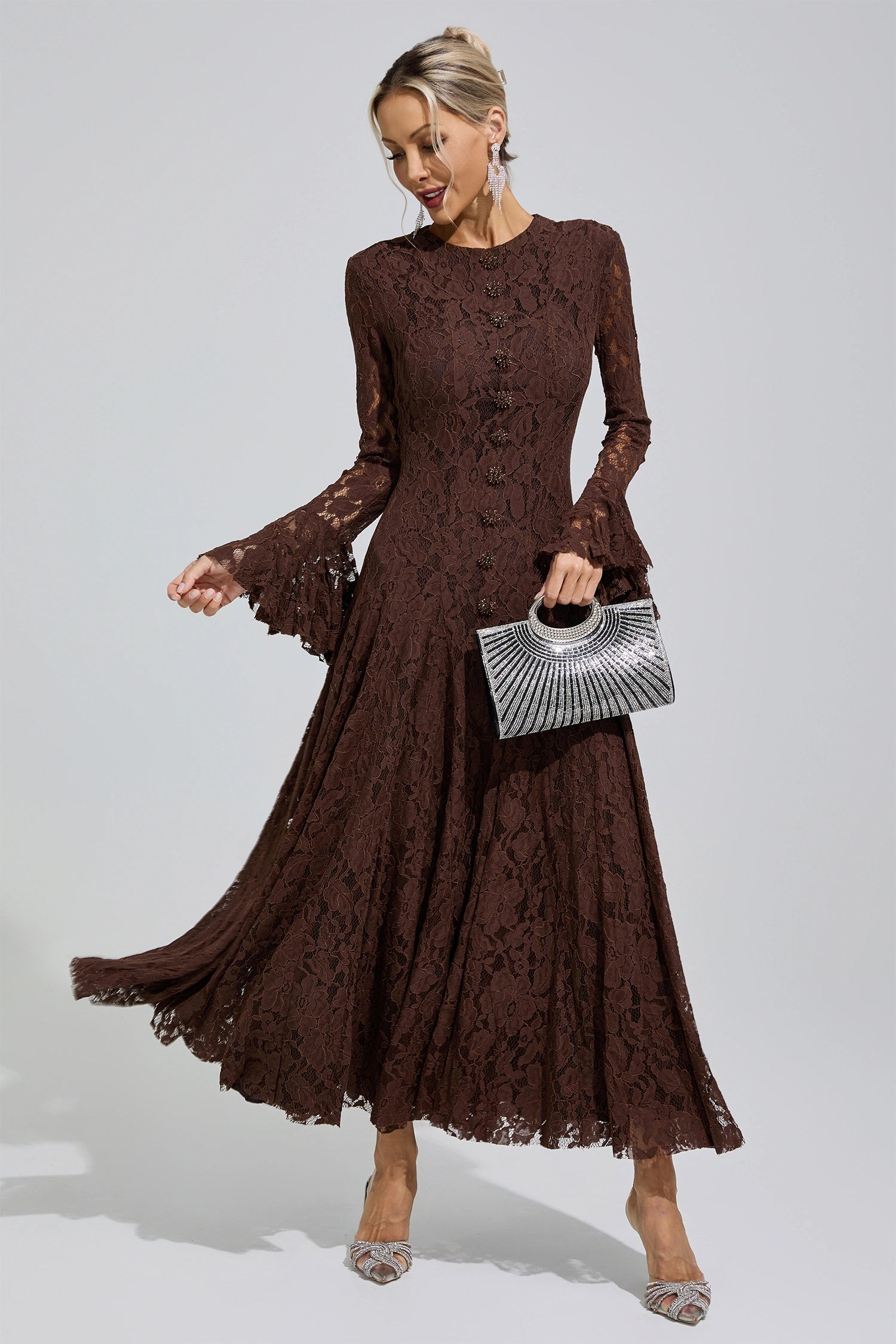 Arqelis Brown Bell Sleeve Lace Maxi Dress