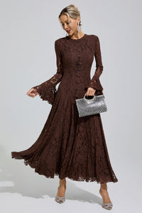 Arqelis Brown Bell Sleeve Lace Maxi Dress