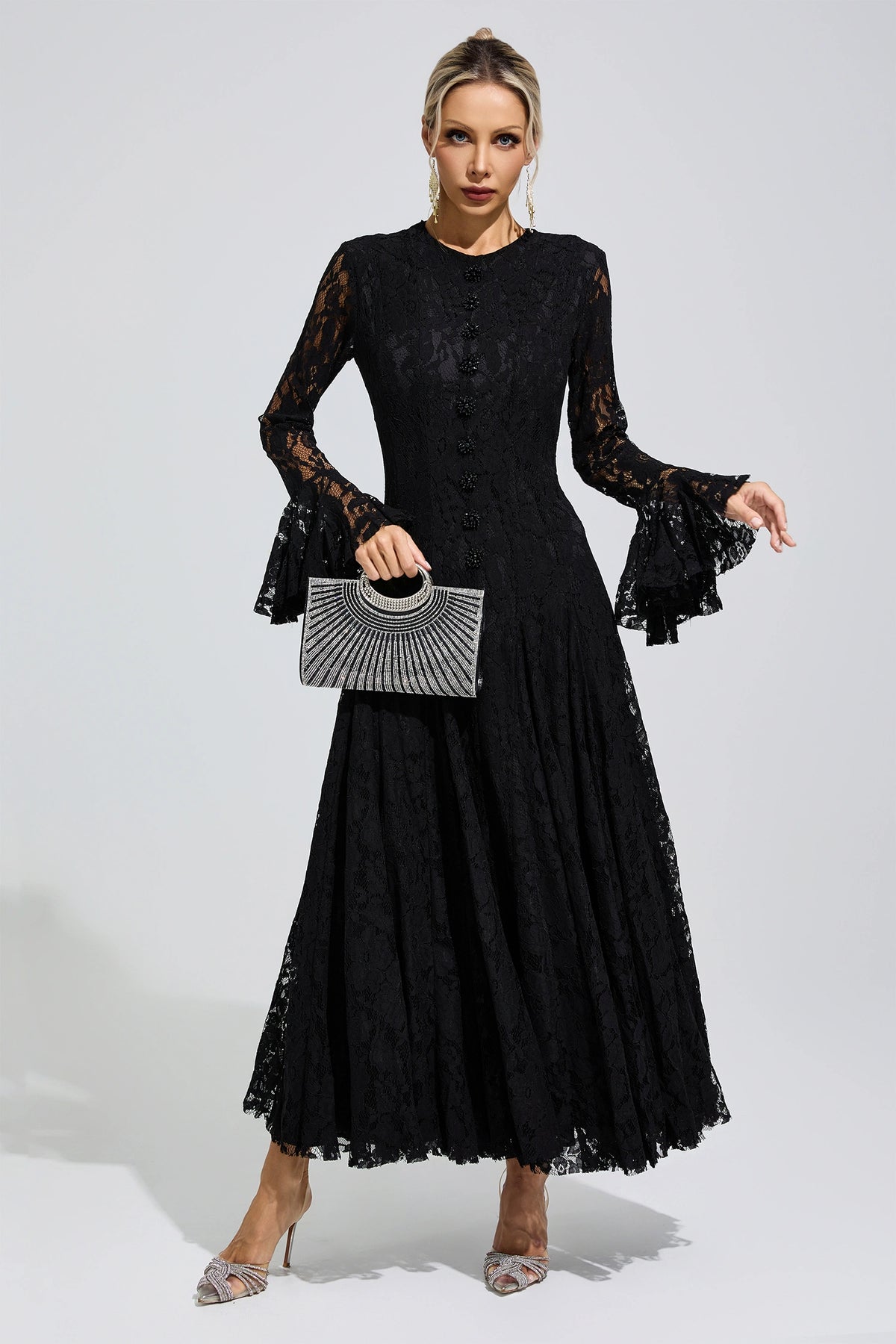 Arqelis Black Bell Sleeve Lace Maxi Dress