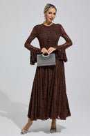 Arqelis Brown Bell Sleeve Lace Maxi Dress