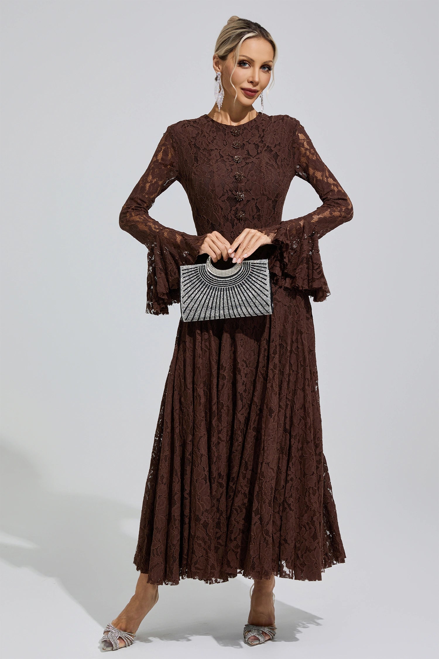 Arqelis Brown Bell Sleeve Lace Maxi Dress