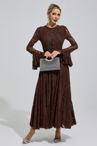 Arqelis Brown Bell Sleeve Lace Maxi Dress
