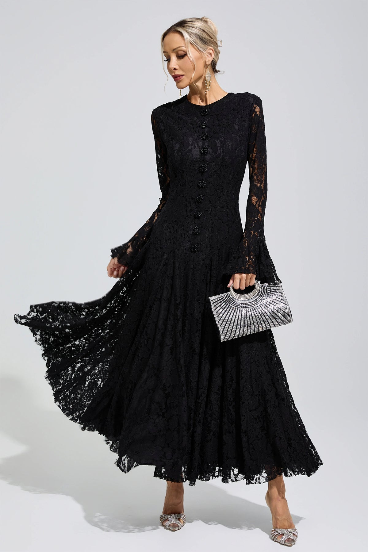 Arqelis Black Bell Sleeve Lace Maxi Dress