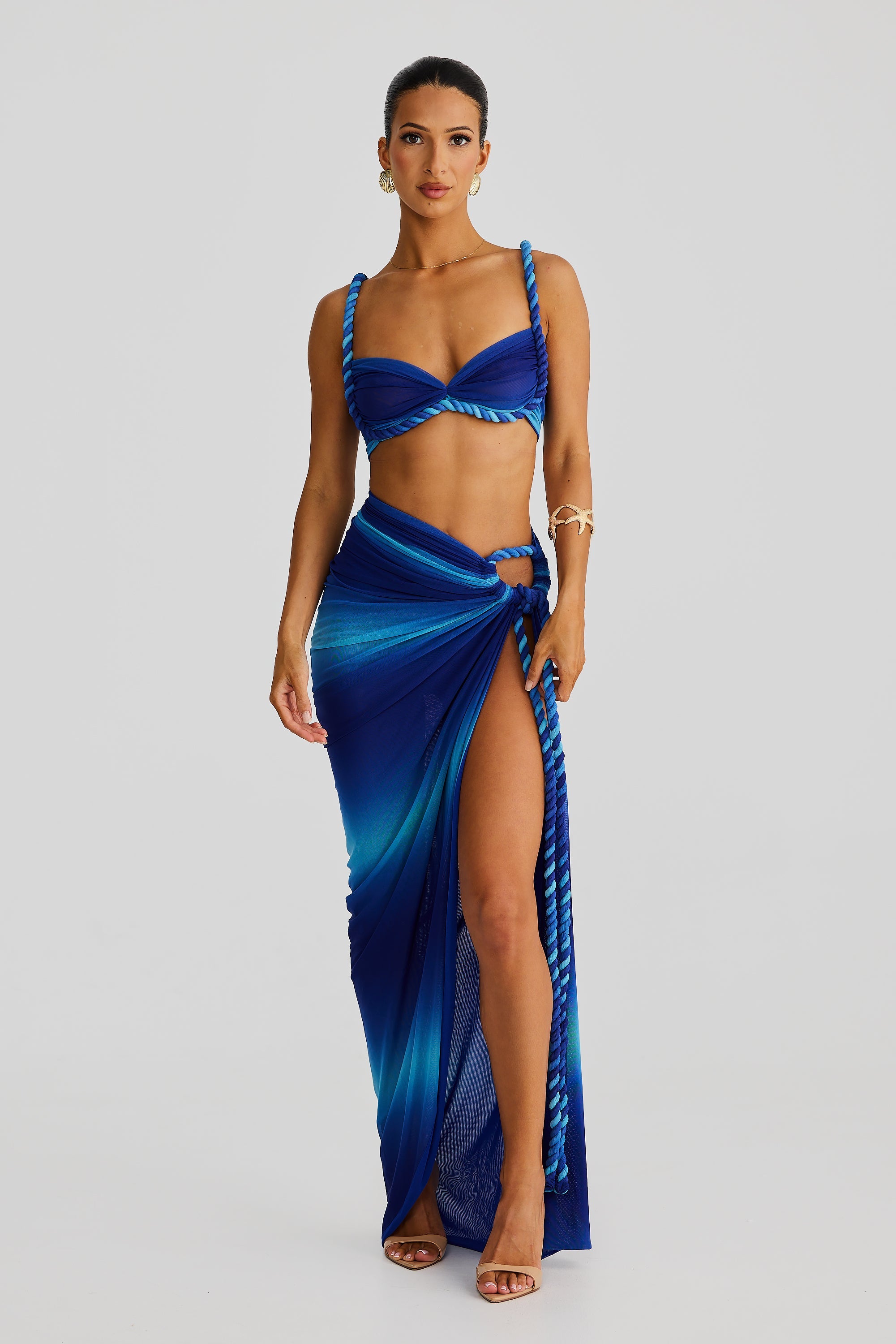 Marella Swimsuit Braided Suspender Top Slit Skirt Set In Blue