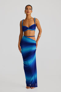 Marella Swimsuit Braided Suspender Top Slit Skirt Set In Blue