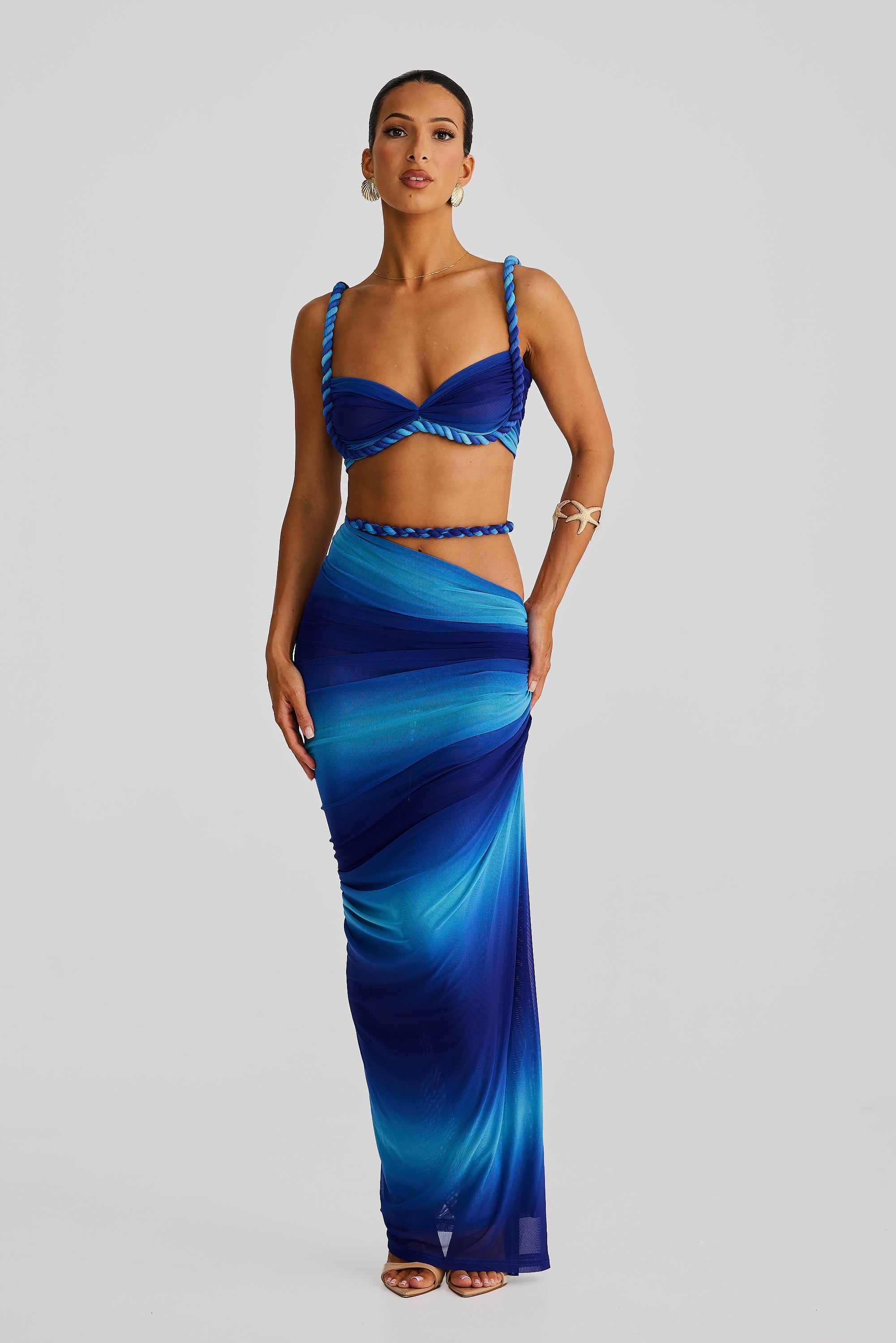 Marella Swimsuit Braided Suspender Top Slit Skirt Set In Blue