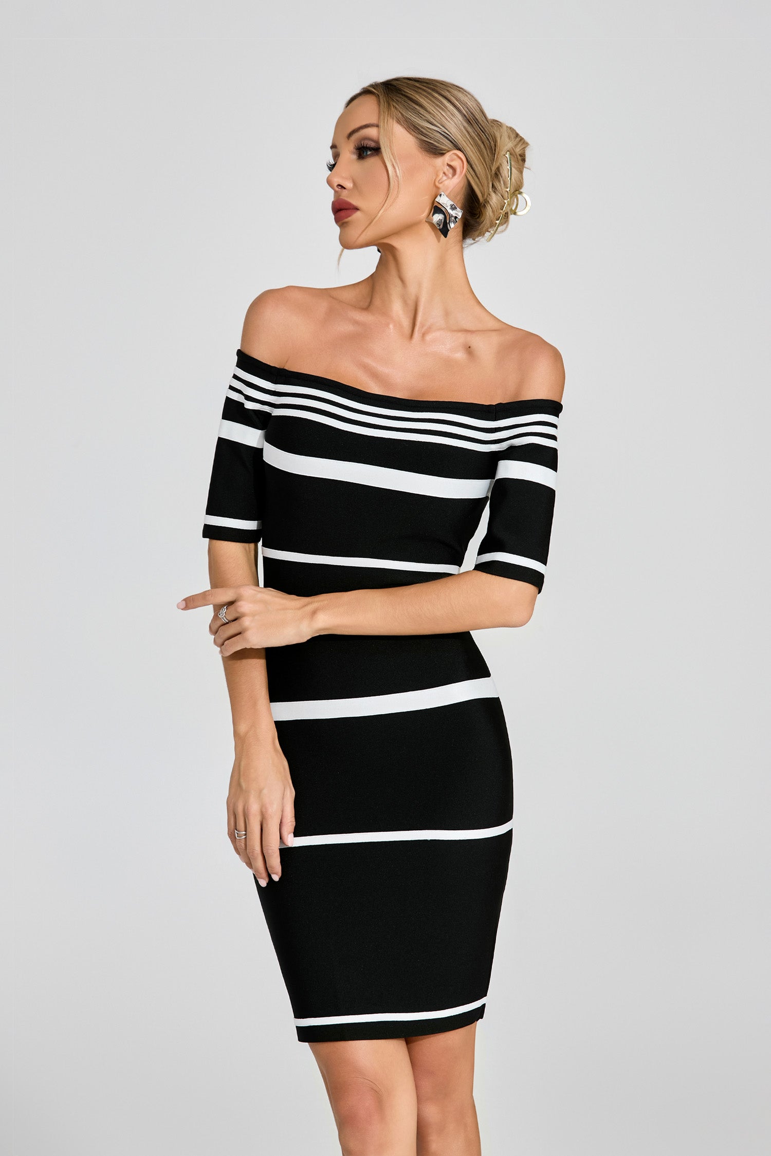 Daldrek Striped Off Shoulder Midi Dress In Black