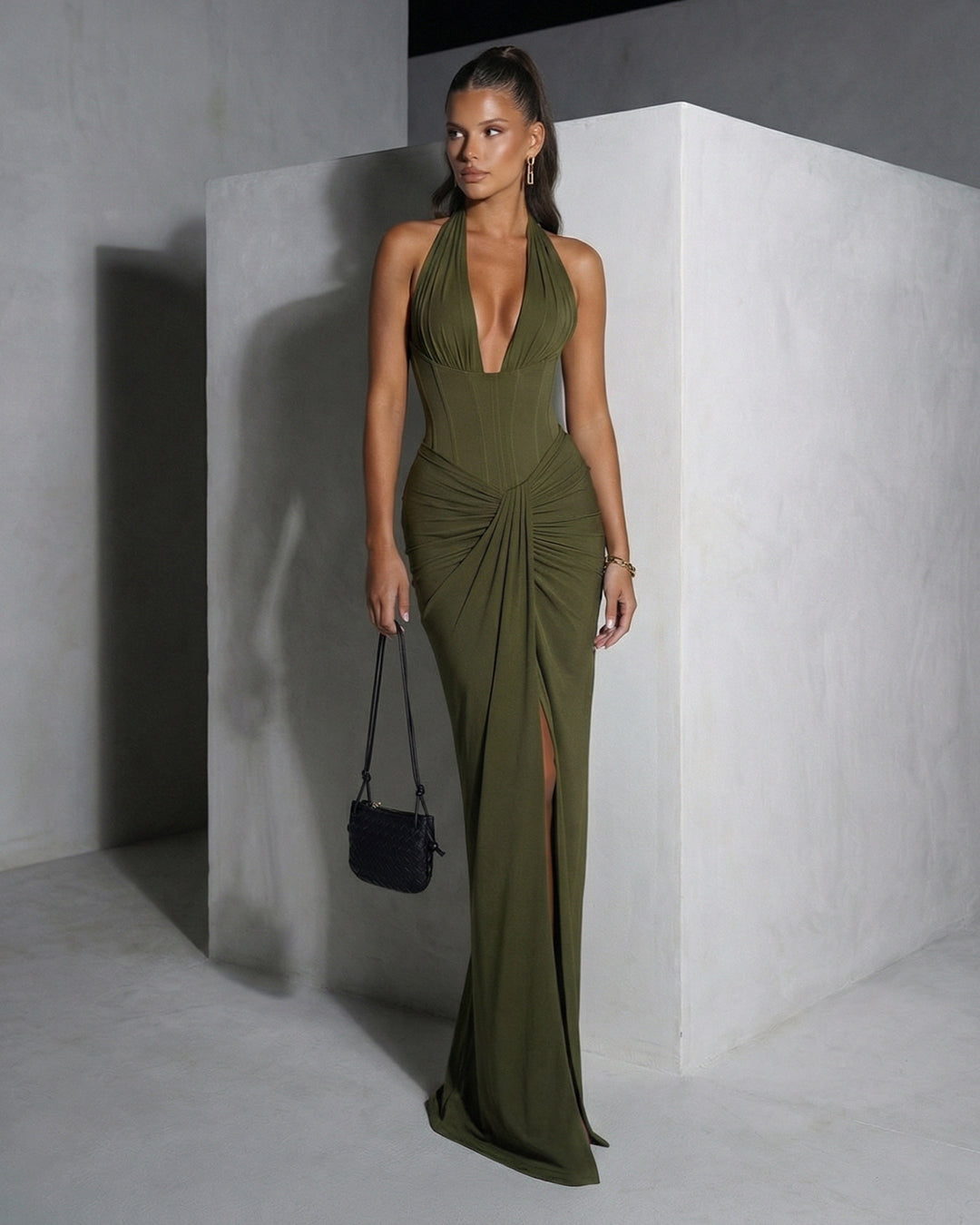 Genowefa Olive Draped Halter Maxi Dress