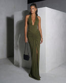 Genowefa Olive Draped Halter Maxi Dress