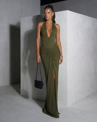 Genowefa Olive Draped Halter Maxi Dress
