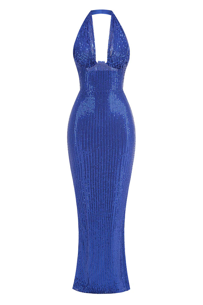 Barron Halter Sequin Embellished Gown In Blue