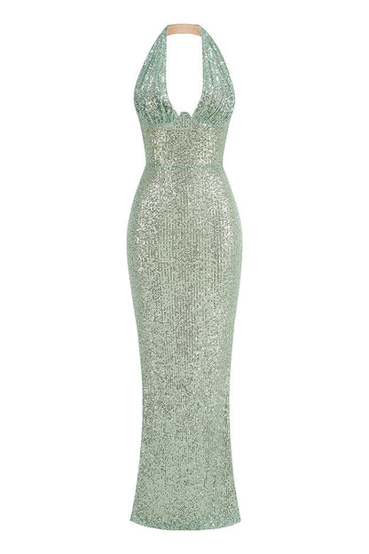 Barron Halter Sequin Embellished Maxi Dress In Green
