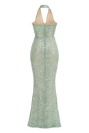 Barron Halter Sequin Embellished Maxi Dress In Green