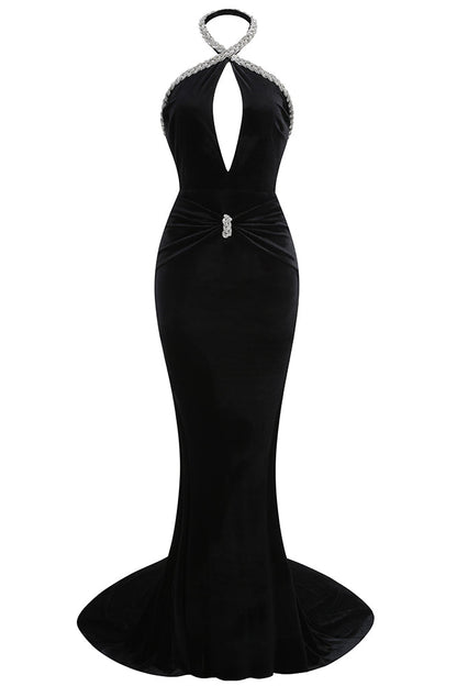 Quanah Halterneck Crystal-trim Cutout Velvet Maxi Dress