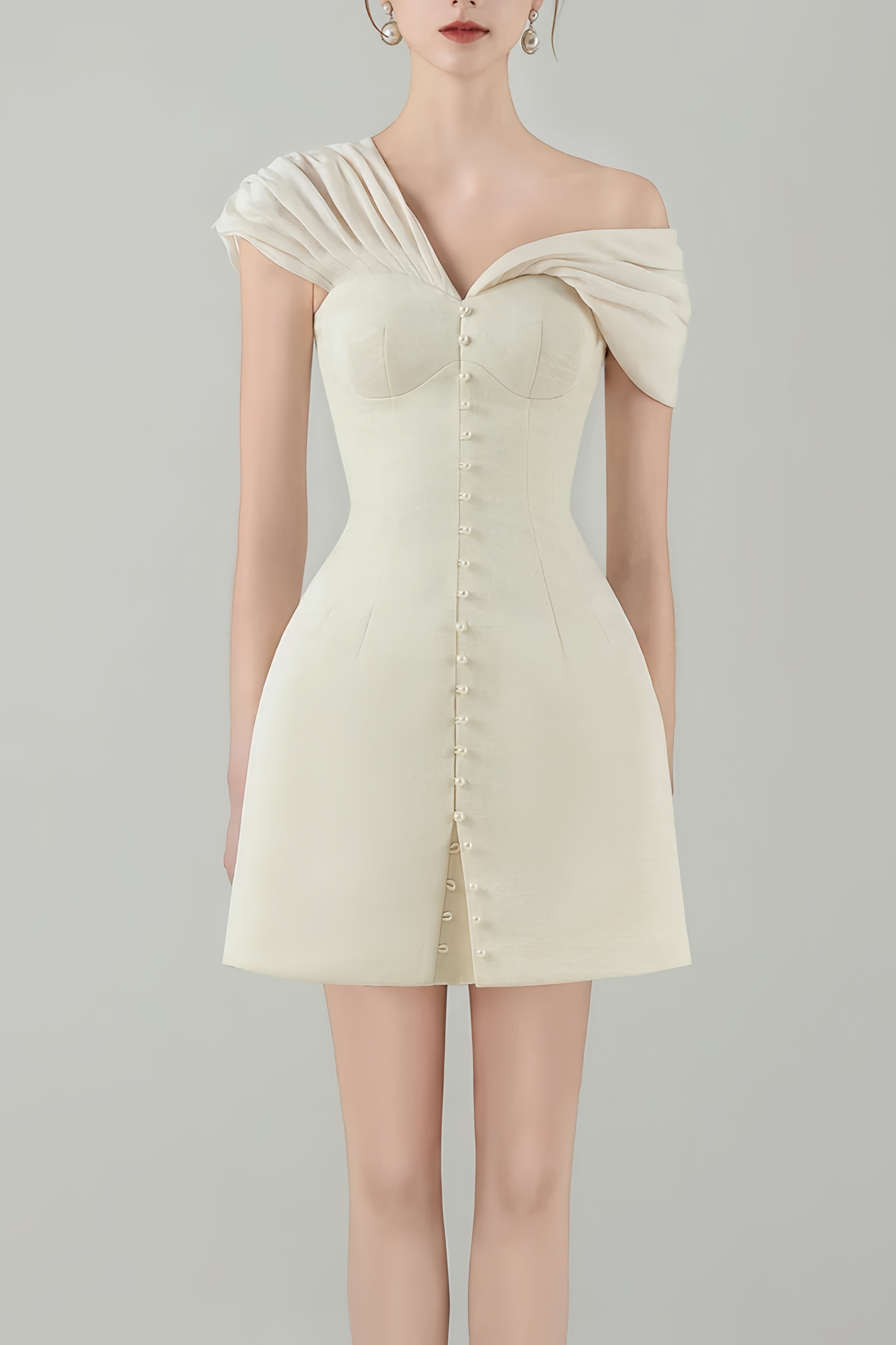 Diandra Cream White Plunge Neck Ruched Mini Dress