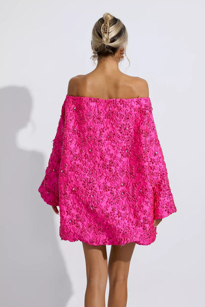 Riana Off Shoulder Jacquard Floral Mini Dress In Pink
