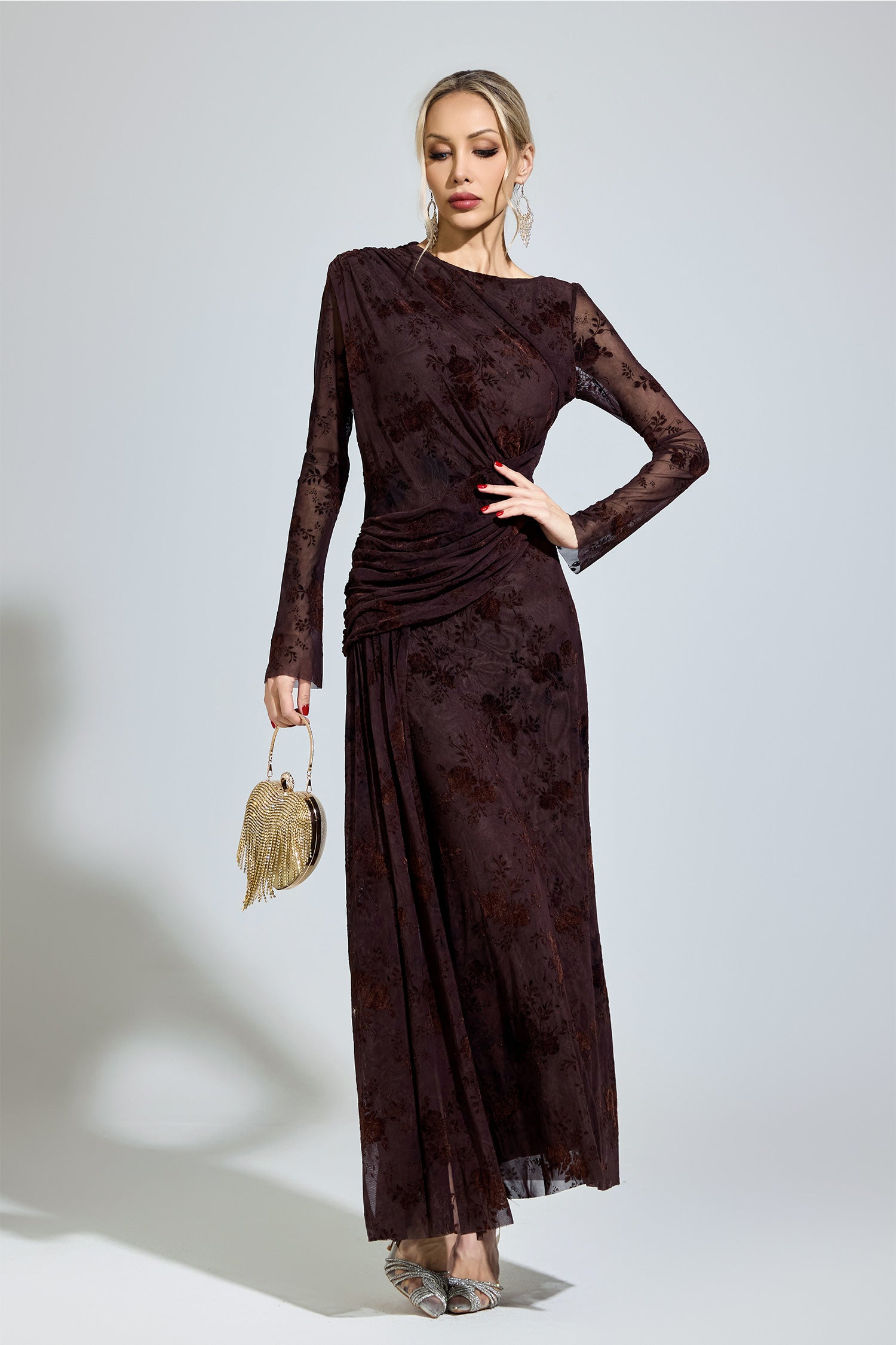 Yarune Dark Brown Printed Maxi Dress