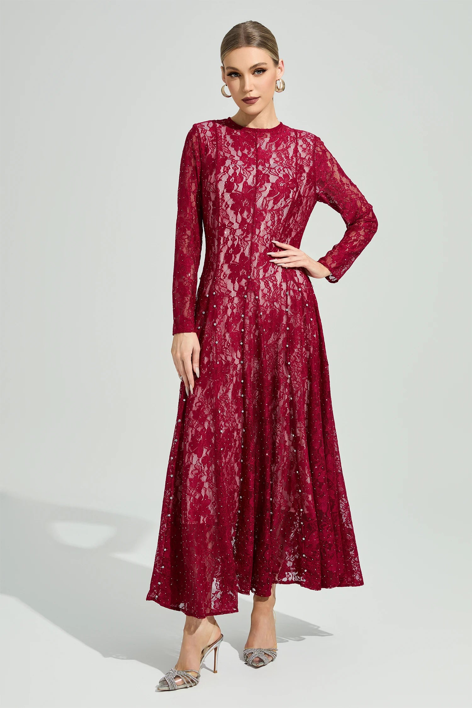 Galdune Red Lace Ruffle Maxi Dress