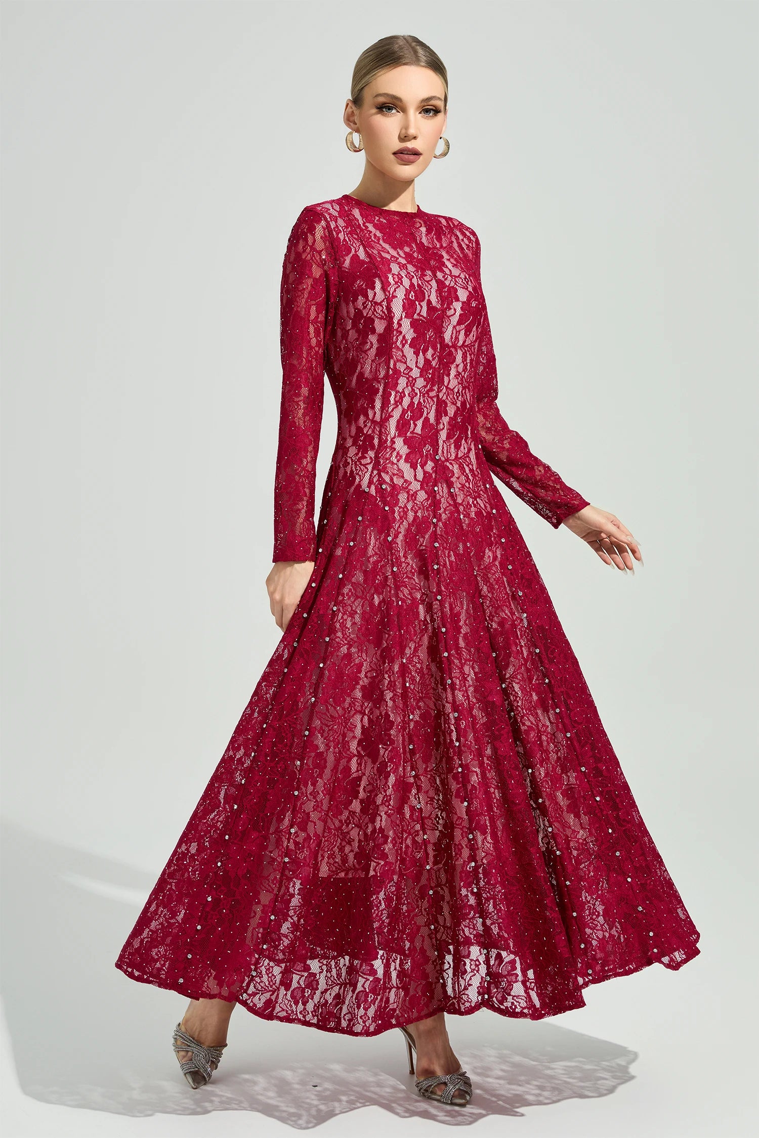 Galdune Red Lace Ruffle Maxi Dress