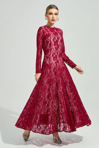 Galdune Red Lace Ruffle Maxi Dress