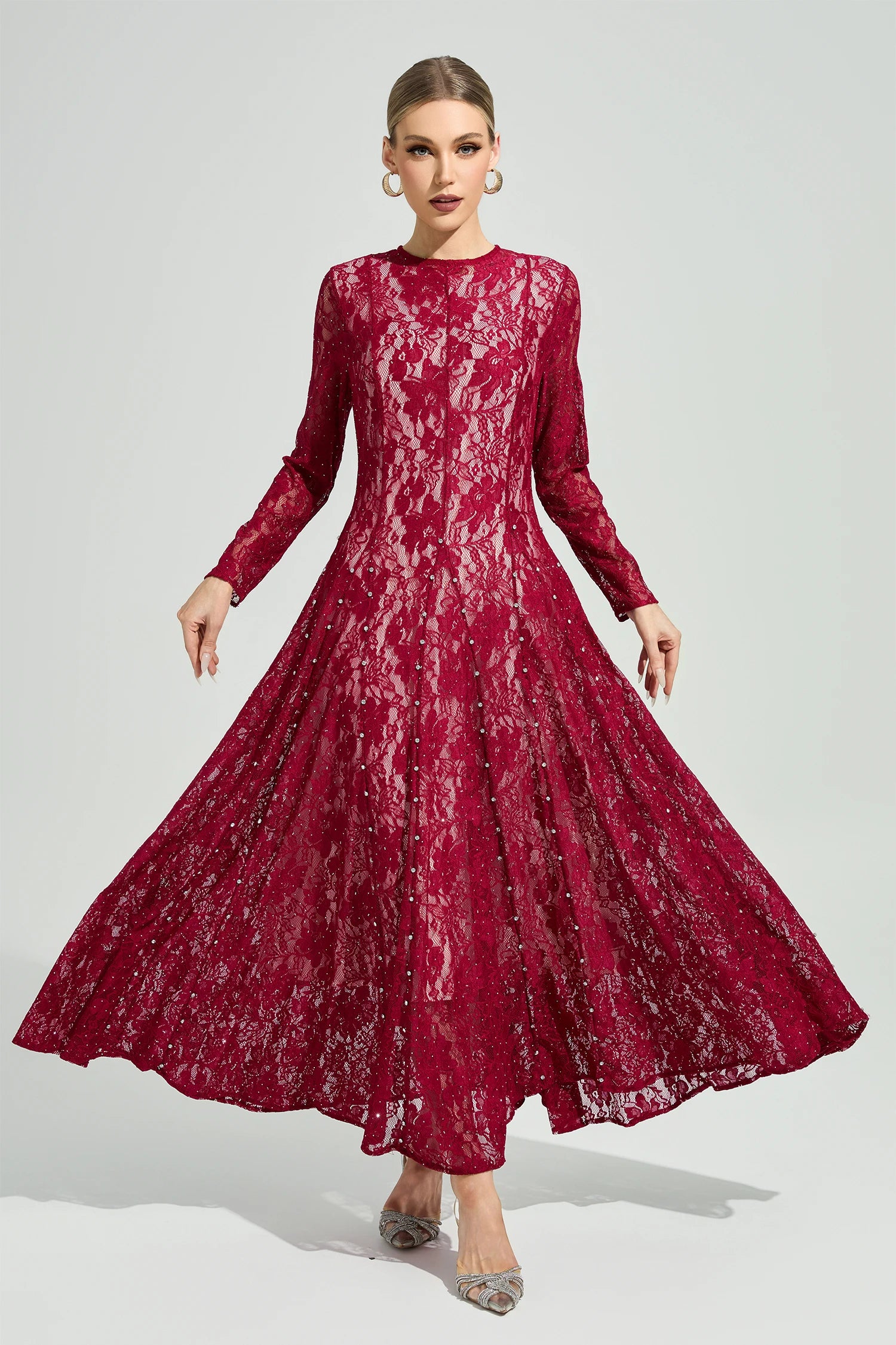 Galdune Red Lace Ruffle Maxi Dress