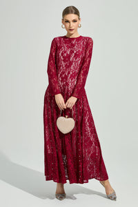 Galdune Red Lace Ruffle Maxi Dress