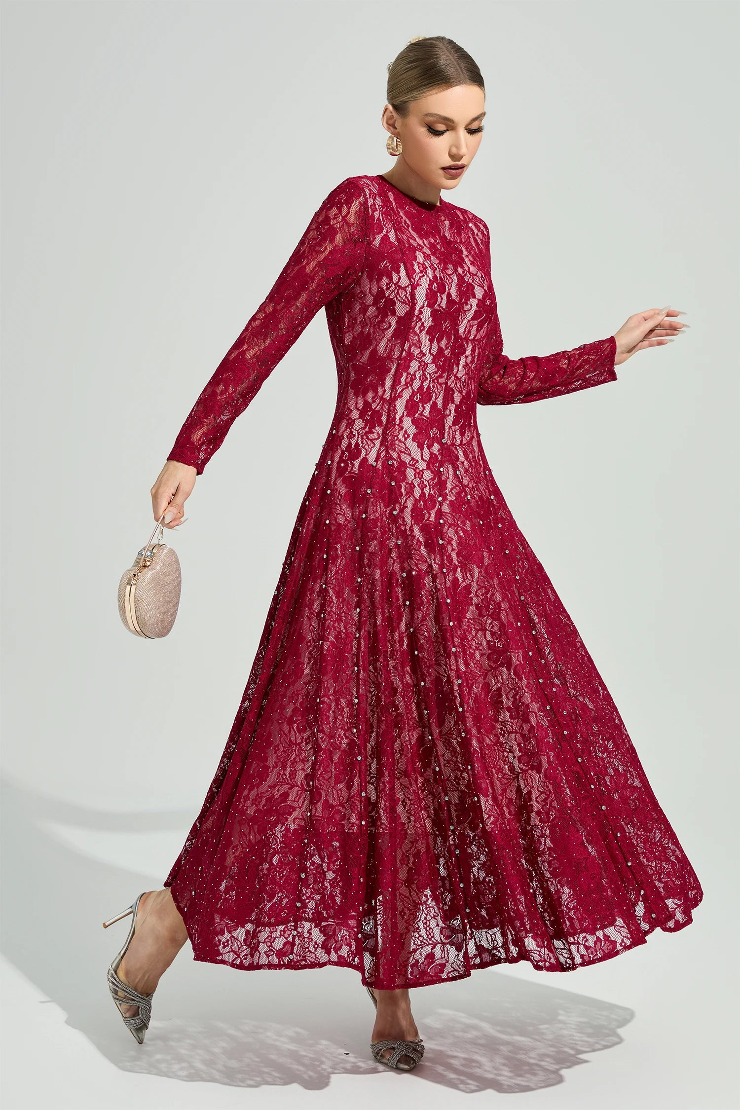 Galdune Red Lace Ruffle Maxi Dress