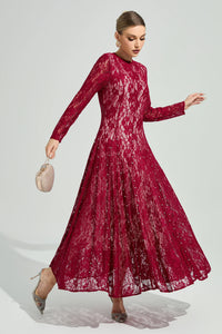 Galdune Red Lace Ruffle Maxi Dress