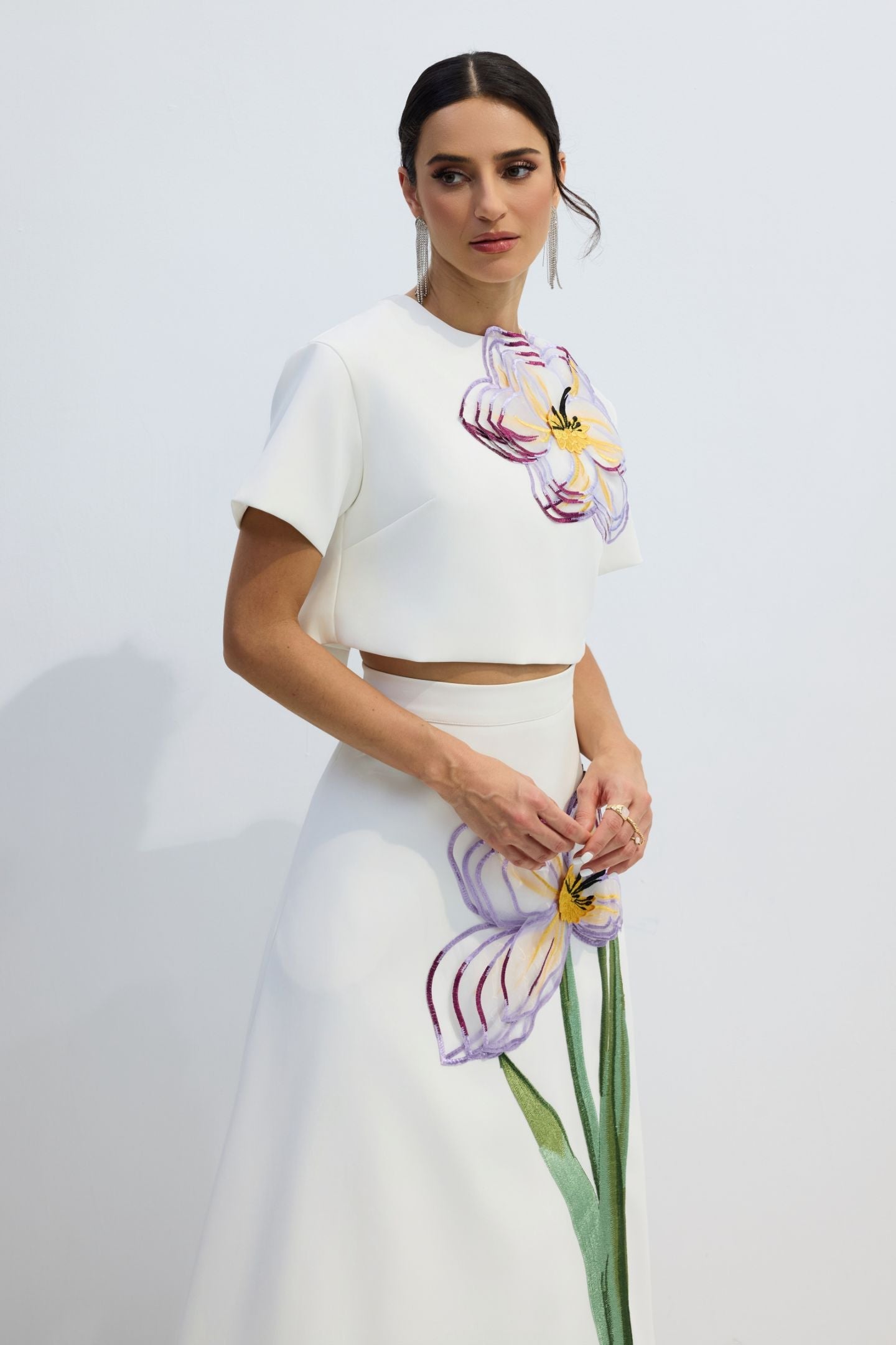 Elizaveta Floral Applique Short Sleeve Top & Skirt Set