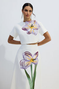 Elizaveta Floral Applique Short Sleeve Top & Skirt Set