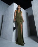 Genowefa Olive Draped Halter Maxi Dress
