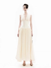 Terrell Halterneck Tulle Overlay Maxi Dress In Apricot