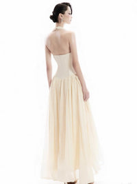 Terrell Halterneck Tulle Overlay Maxi Dress In Apricot