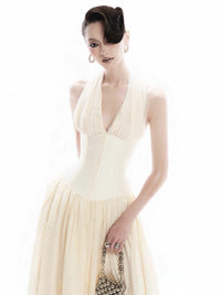 Terrell Halterneck Tulle Overlay Maxi Dress In Apricot