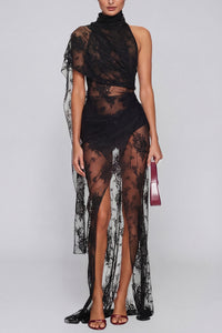 Mylen Asymmetrical Mesh Lace Maxi Dress In Black