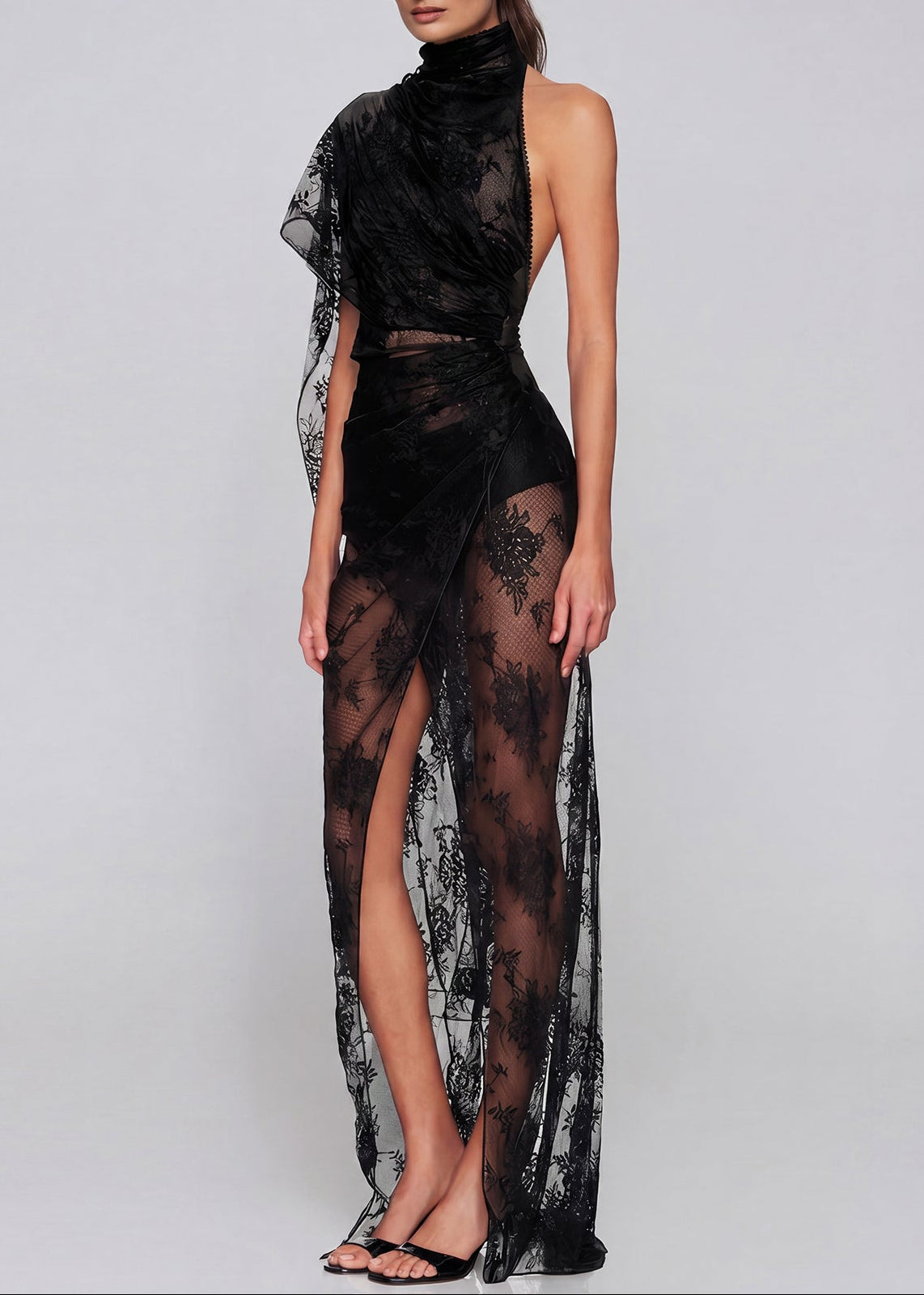 Mylen Asymmetrical Mesh Lace Maxi Dress In Black