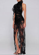 Mylen Asymmetrical Mesh Lace Maxi Dress In Black