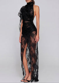 Mylen Asymmetrical Mesh Lace Maxi Dress In Black