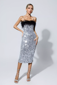 Sicily Feather Sequin Midi Dress