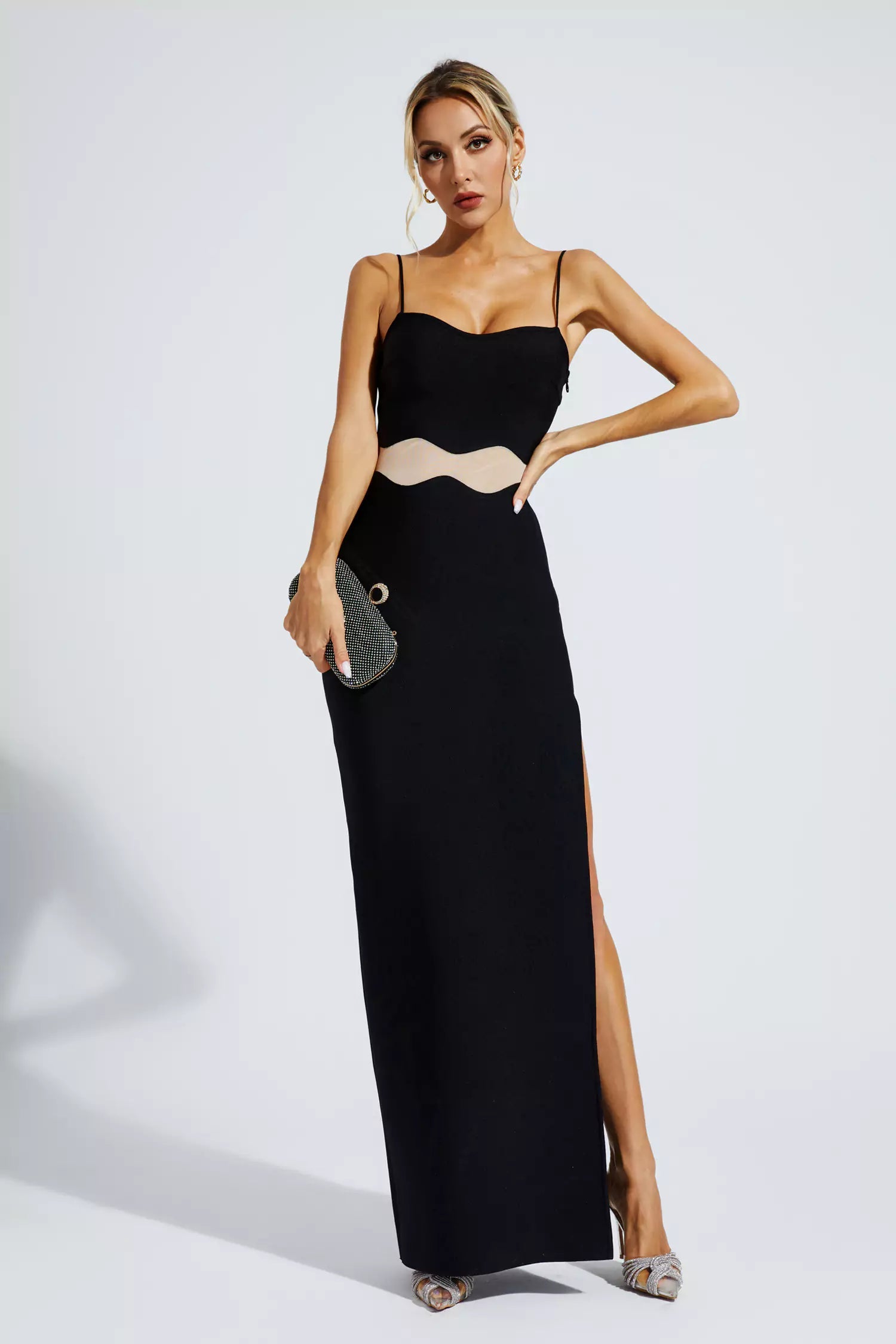 Nyellie Scalloped Mesh Insert Maxi Dress In Black