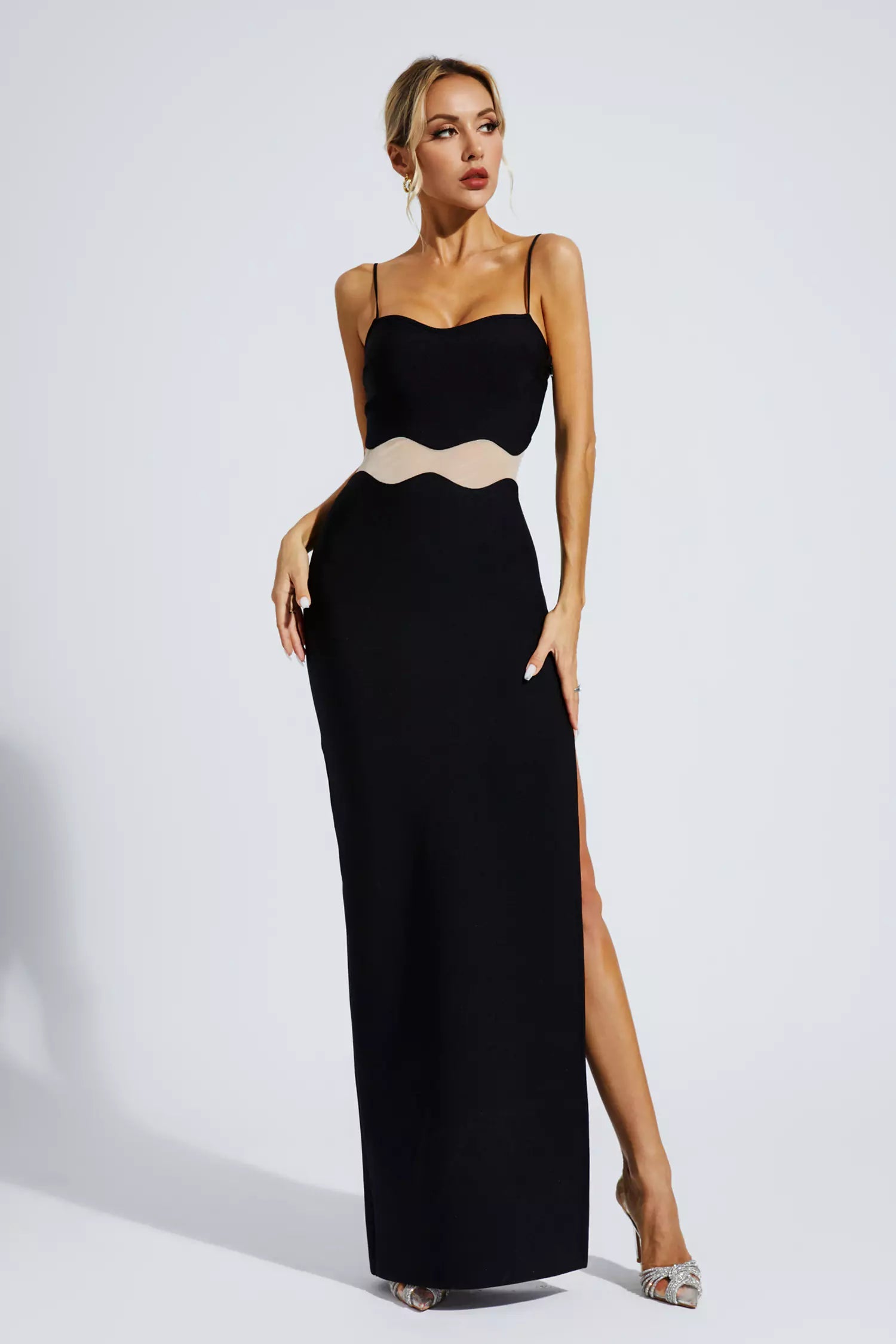 Nyellie Scalloped Mesh Insert Maxi Dress In Black