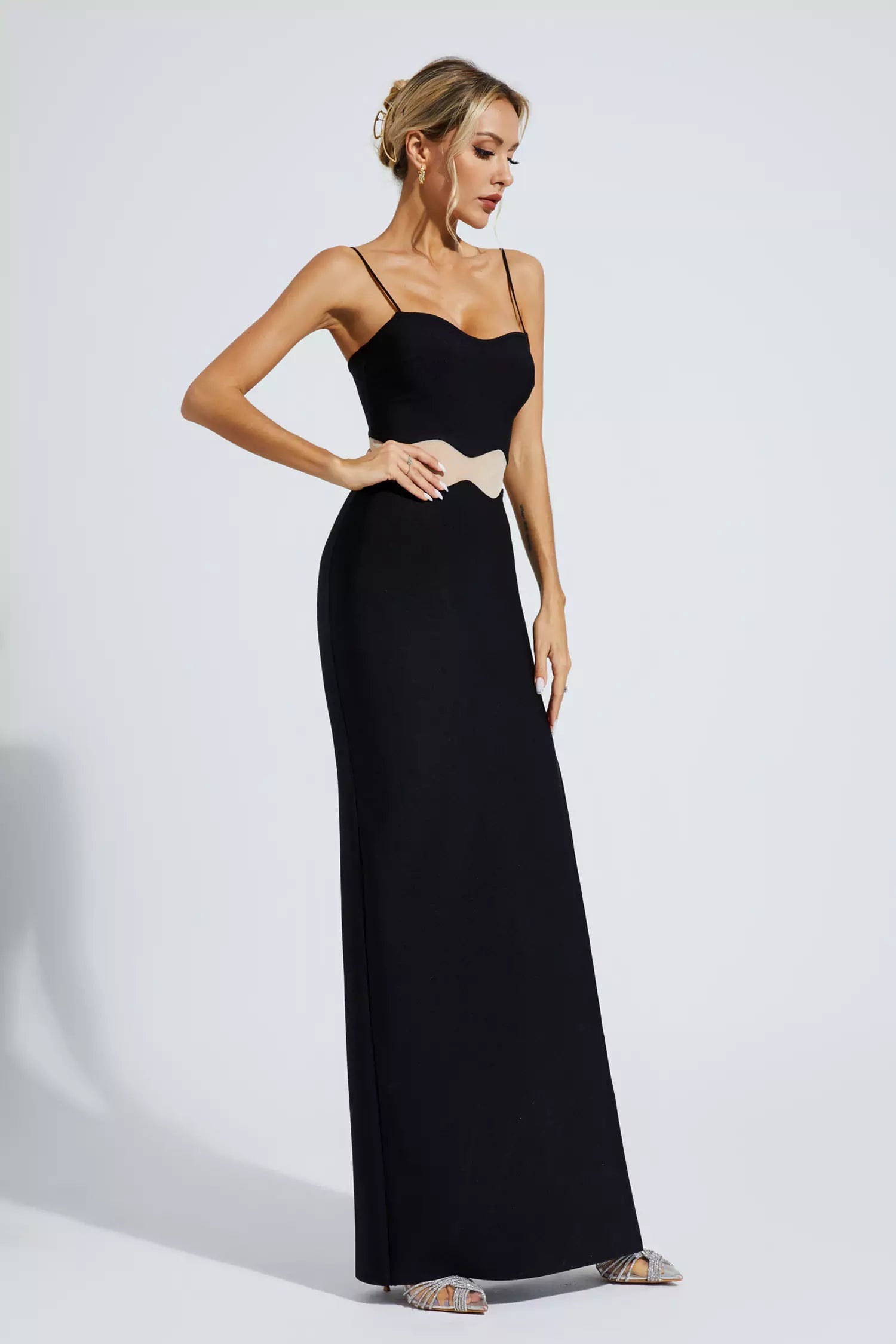 Nyellie Scalloped Mesh Insert Maxi Dress In Black