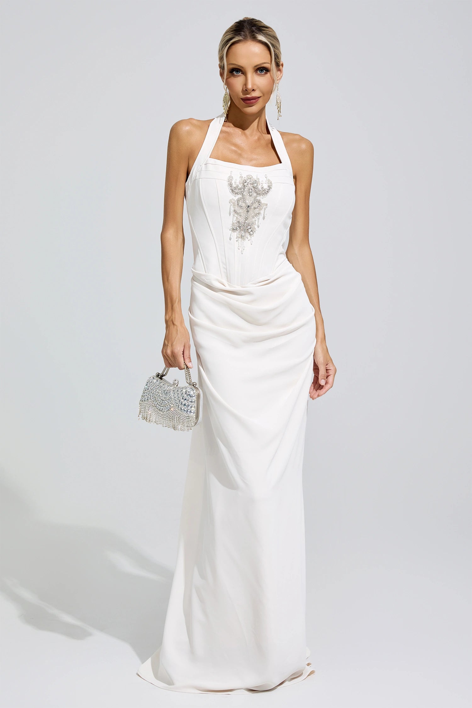 Funda White Diamond Halternecck Maxi Dress