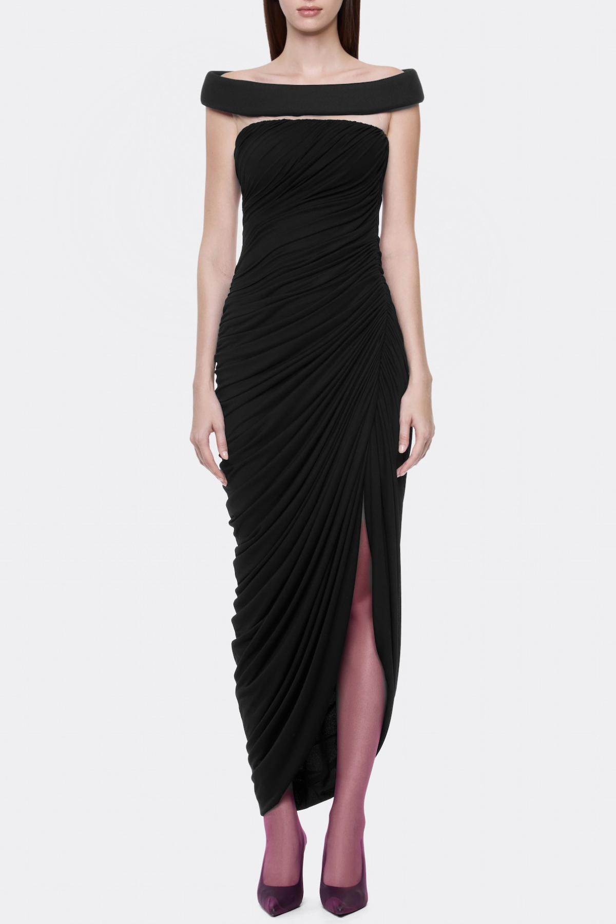 Cierra Off Shoulder Ruched Midi Dress In Black