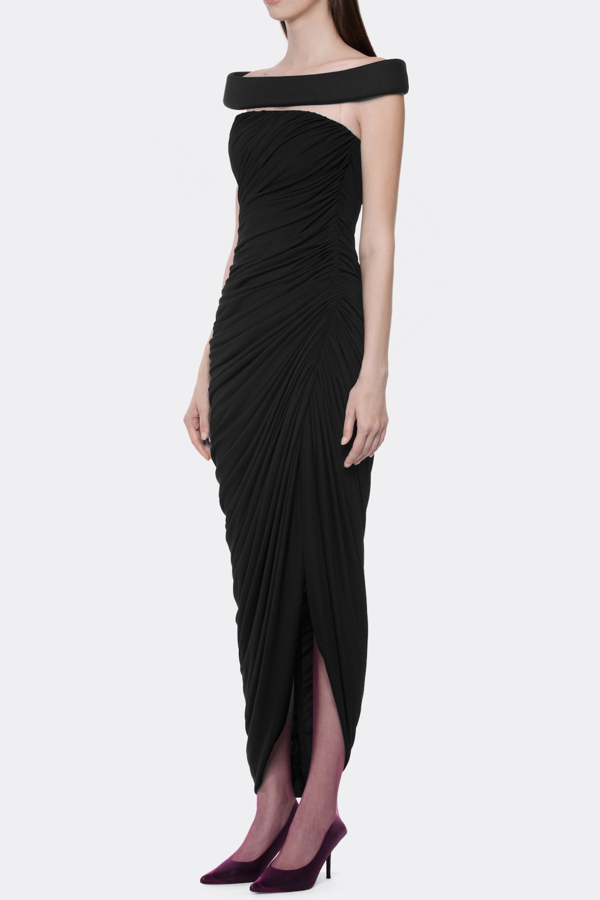 Cierra Off Shoulder Ruched Midi Dress In Black