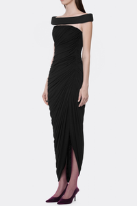 Cierra Off Shoulder Ruched Midi Dress In Black