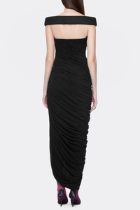 Cierra Off Shoulder Ruched Midi Dress In Black