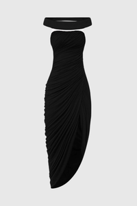 Cierra Off Shoulder Ruched Midi Dress In Black